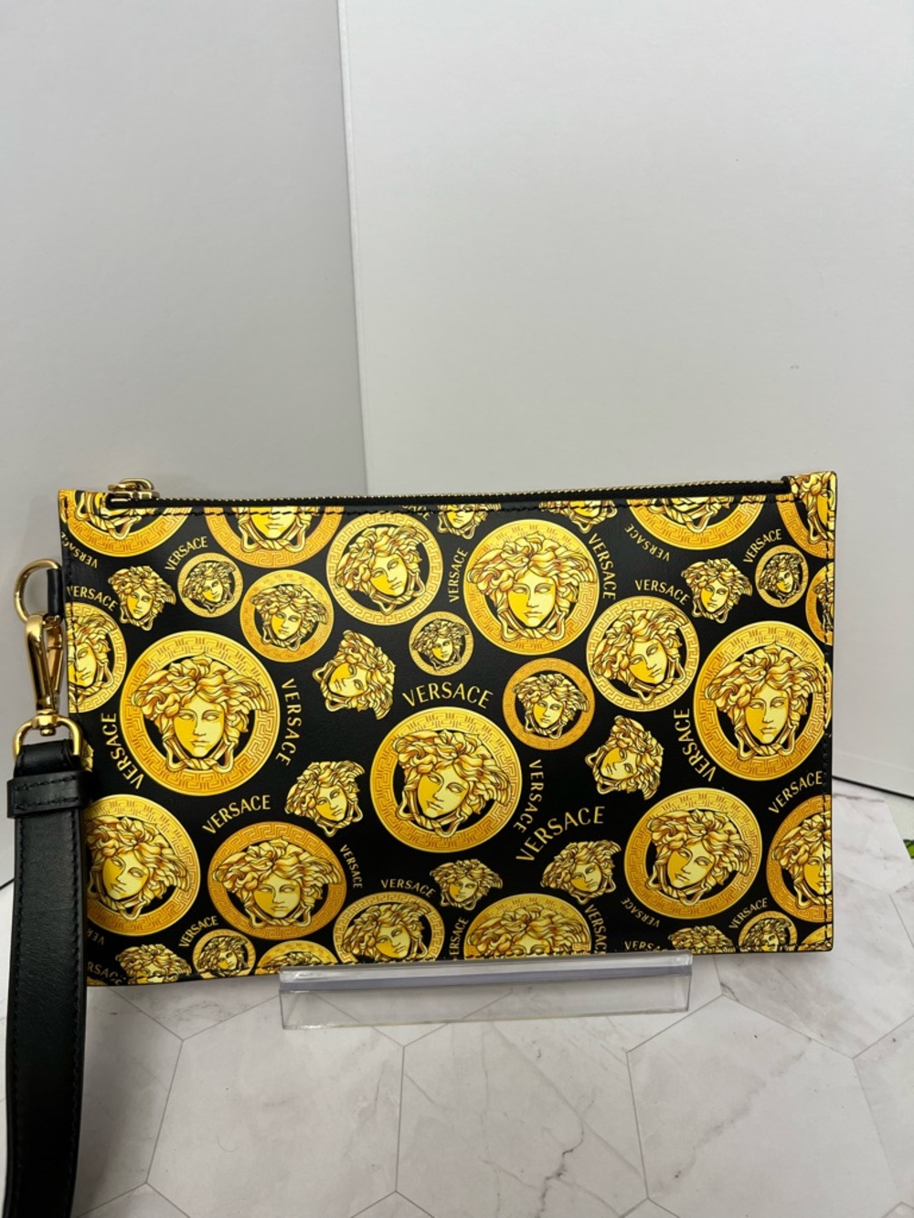 Versace Black and Gold Medusa Print Wristlet Clutch